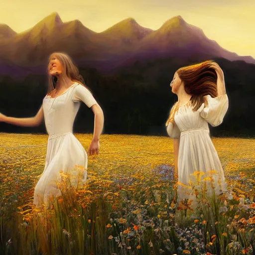 Image similar to oil painting portrait of a family one with long flowing hair in a white dress, dancing through a field of flowers at sunset with mountains in the background, hazy, chiaroscuro, artstation, cinematic, golden hour, digital art painting by diego velasquez and michelangelo hazy atmosphere, flowers, cinematic lighting