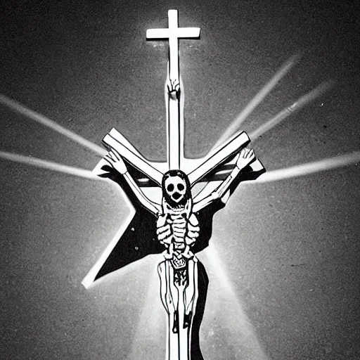 Image similar to A crucifix made of light, with two evil skeletons on both sides. Dark Fantasy, Film Noir, Black and White. High Contrast, Mike Mignola, D&D, OSR