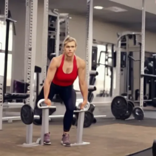 Image similar to muscular Kim Wexler working out in a jim, movie still, photorealistic