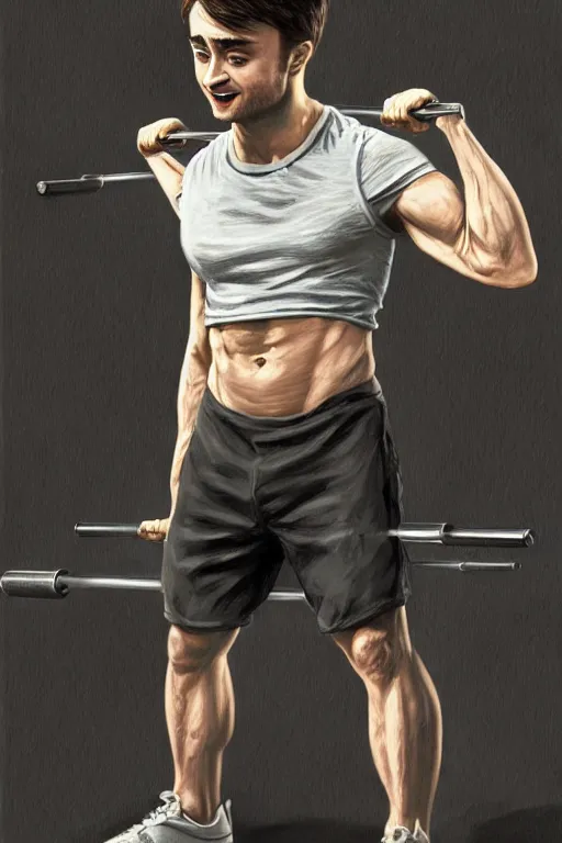 Image similar to highly detailed rendering of Daniel Radcliffe as Harry Potter doing barbell back squats, dingy workout gym, wearing a muscle tee shirt, muscular deep squats, symmetrical, highly detailed, digital painting, artstation, concept art, smooth, sharp focus, illustration, cinematic lighting, art by artgerm and greg rutkowski and alphonse mucha