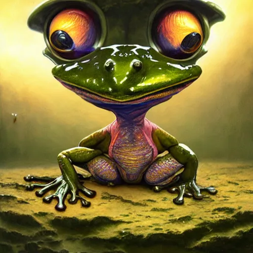 Image similar to long shot of a froggy alien, by esao andrews, by m. w. kaluta, by james web telescope, ultra humorous beautiful oil painting, cinematic space scenery, small depth of field, depth perception, volumetric light, rich colors, 3 d octane render, 8 k, conceptart, hyperdetailed, hyperrealistic, trending on artstation
