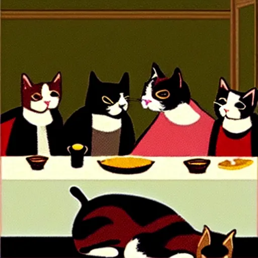 Image similar to the last supper but instead it's cats