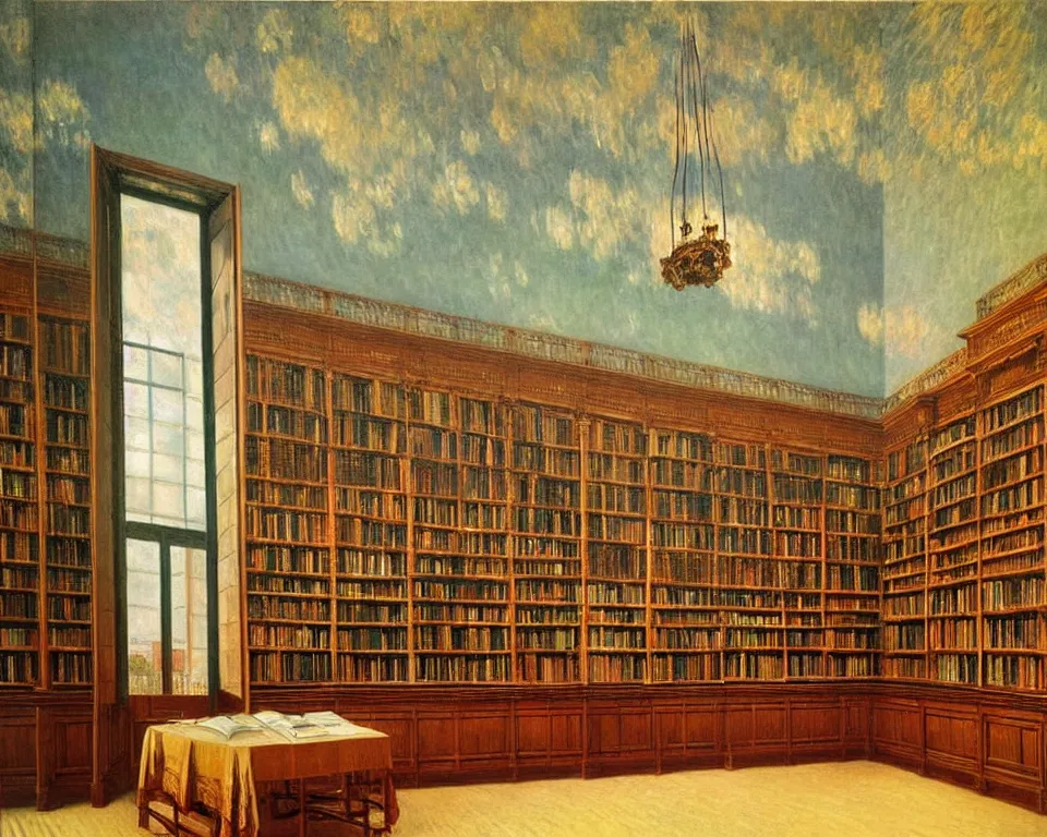Prompt: achingly beautiful painting of a sophisticated, well - decorated, ornate library by rene magritte, monet, and turner.