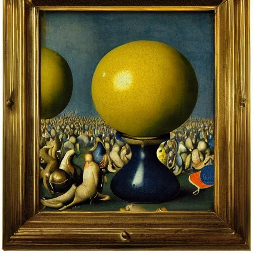 Image similar to fractal vintage alien valley disk quail uth urn lemon, by pieter bruegel the elder and banksy and yves klein, an art deco, detailed painting, rococo