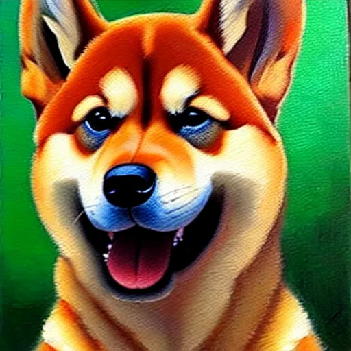 Image similar to epic professional oil painting of a shiba inu dog, epic, stunning, gorgeous, intricate detail, much wow, 4K, masterpiece