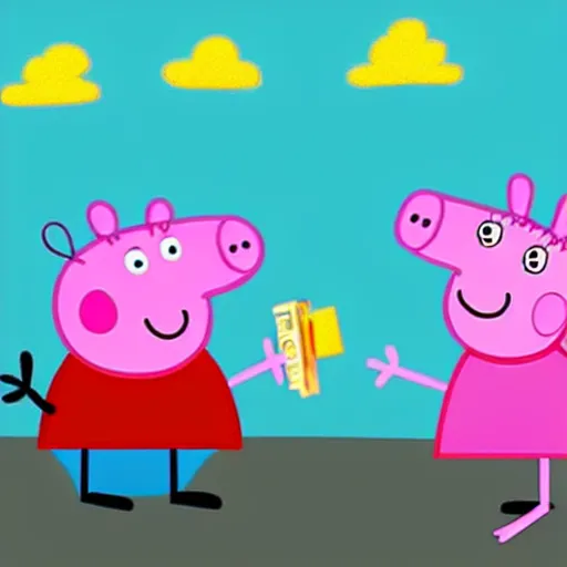 Prompt: peppa pig robbing a bank, digital art