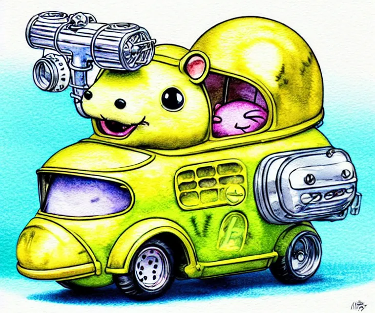 Prompt: cute and funny, hamster wearing a helmet riding in a tiny hot rod with exhaust pipes, ratfink style by ed roth, centered award winning watercolor pen illustration, isometric illustration by chihiro iwasaki, edited by range murata, tiny details by artgerm and watercolor girl, symmetrically isometrically centered, focused