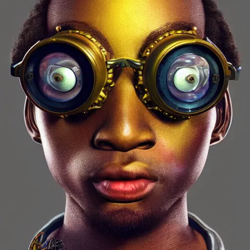Prompt: colourful vfx portrait - art of a nigerian boy wearing steam punk goggles, art by utagawa kunisada & james jean, digital illustration, digital render, volumetric light, ray tracing, symmetrical, unreal engine, octane 3 d render, sharp, detailed, highly detailed, intricate detail, pinterest, behance, art station,