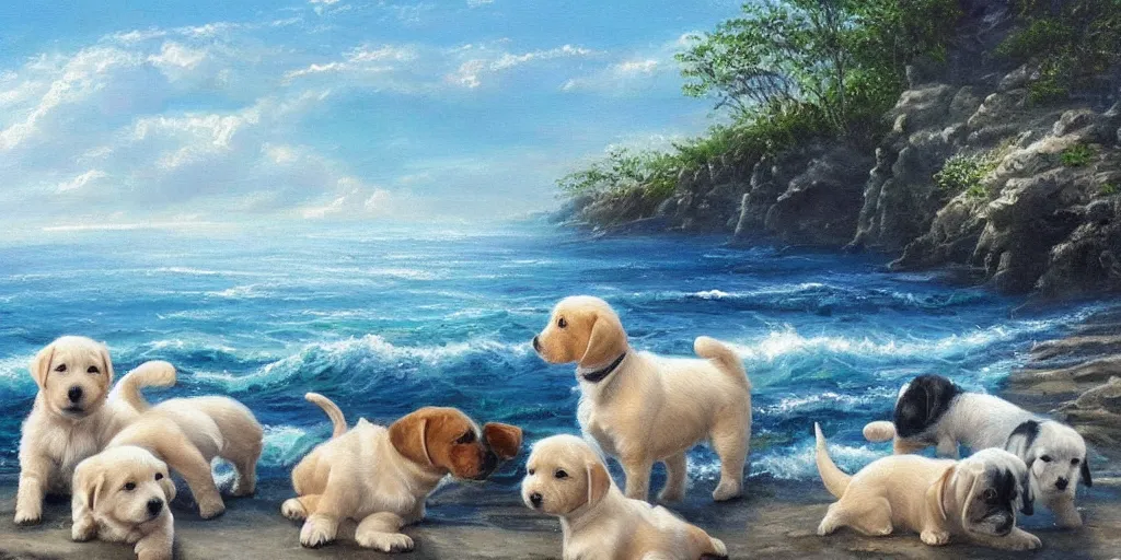 Prompt: a beautiful seascape painting with puppies, detailed, intricate
