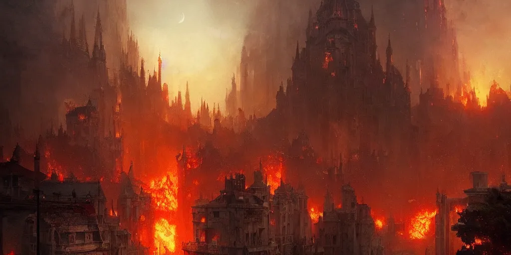 Image similar to A fantasy city completely covered in fire, rising smoke, dark fantasy, nighttime, detailed crimson moon, hyper realistic, by greg rutkowski, trending on artstation