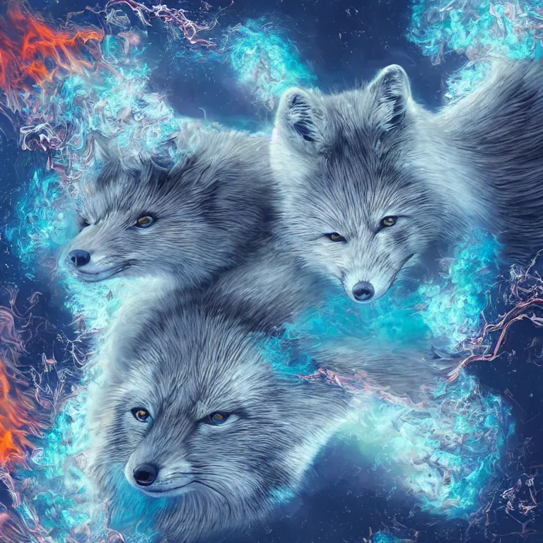 Image similar to surrealistic arctic fox surrounded by fire and ice and destruction in the center of world photorealistic hyperrealistic symmetrical detailed fractal