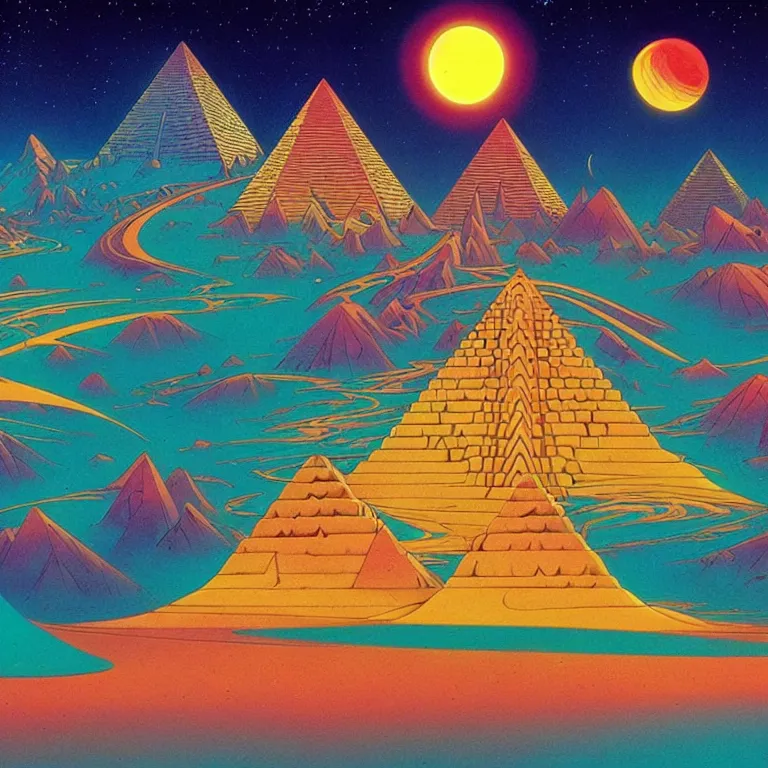 Image similar to cosmic pyramids, crescent moon, desert journey, bright neon colors, highly detailed, cinematic, eyvind earle, tim white, philippe druillet, roger dean, ernst haeckel, lisa frank, aubrey beardsley, hiroo isono