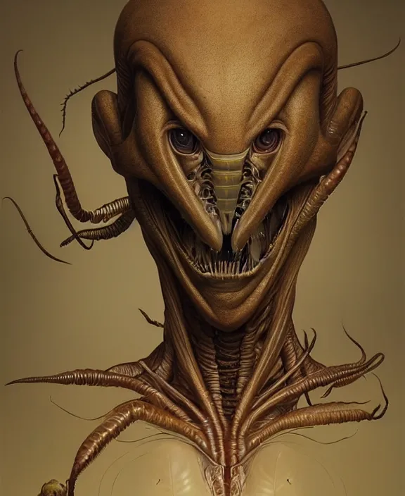 Prompt: intricate earth - toned portrait of a disturbing terrifying alien insect creature, mottling coloring, adorable, childlike, medical environment, ultra realistic, concept art, art nouveau, photorealistic, octane render, 8 k, unreal engine. art by christopher marley and artgerm and greg rutkowski and alphonse mucha