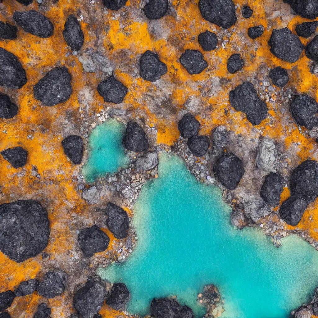 Prompt: golden boulders, black volcanic rock with colorful pools of bright milky paint, birds eye view