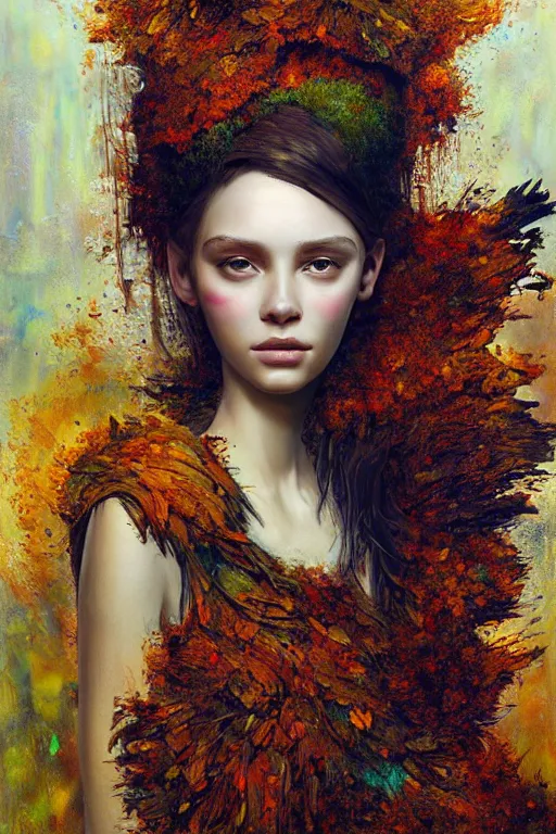 Prompt: wide portrait of beautiful girl by irakli nadar with intricate detailed color smashing fluid oil paint and acrylic, dried moss and dried autumn leaves headdress, melting wax, mycelia, abstract impressionism, ruan jia, fantasy, hyper detailed, concept art, by gustav klimt