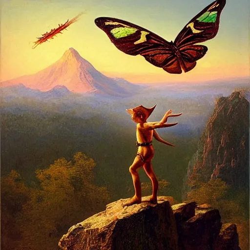 Prompt: A beautiful painting of an elf boy waving goodbye to a giant eldritch agrias butterfly as it flies into space, by Gustave Baumann, by Frederic Edwin Church, twilight lighting, golden hour
