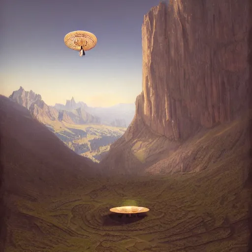 Image similar to portrait of photorealistic UFO in the dolomites, centered, digital painting, artstation, concept art, by donato giancola, Sean Yoro, Greg Rutkowski, trending on Artstation, Joseph Christian Leyendecker, WLOP, Boris Vallejo, dark, moody, foggy