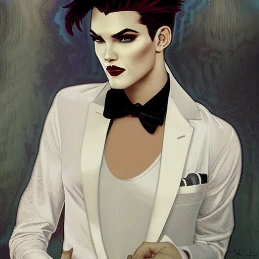 Image similar to beautiful portrait of androgynous ruby rose as desire from sandman in a white tuxedo!!!, rockabilly style,, by alphonse mucha, by jeremy mann, by peter lindbergh, dave mckean, by frank moth, white suit and black tie, soft lightning, high detailed, 8 k