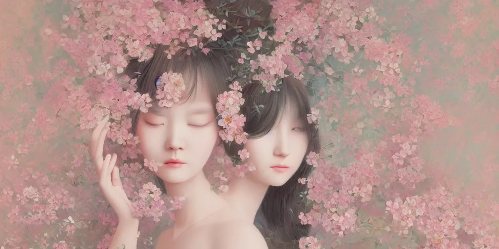 Image similar to delicate detailed concept art painting pattern blend of flowers and girls, by hsiao - ron cheng, bizarre compositions, exquisite detail, pastel colors, 8 k