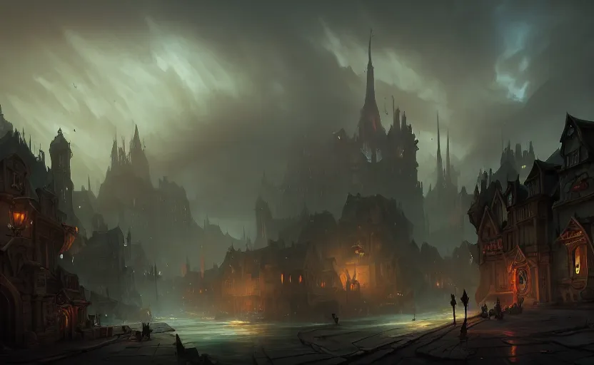 Image similar to extreme long shot concept art depicted old english majestic town, dramatic mood, overcast mood, dark fantasy environment, dieselpunk, art inspired by league of legends and arcane, style by jason engle and jordan grimmer, trending on artstation, unreal engine, golden ratio, spectacular composition