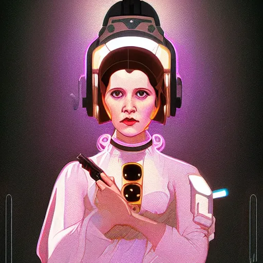 Prompt: Young Carrie Fisher as Princess Leia, ambient lighting, 4k, alphonse mucha, lois van baarle, ilya kuvshinov, rossdraws, artstation