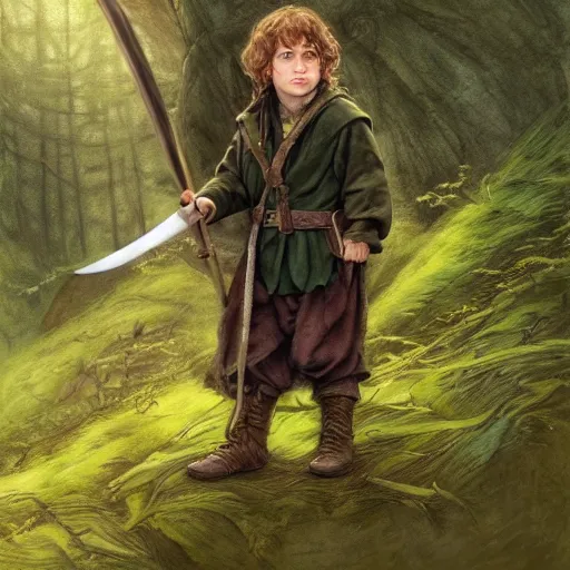 Image similar to a young hobbit ranger wearing a dark green hood and a cloak in the forest, wearing adventure gear, holding a sword, realistic, detailed, masterpiece, short brown hair, clean shaven, by John Howe and Alan Lee, trending on ArtStation