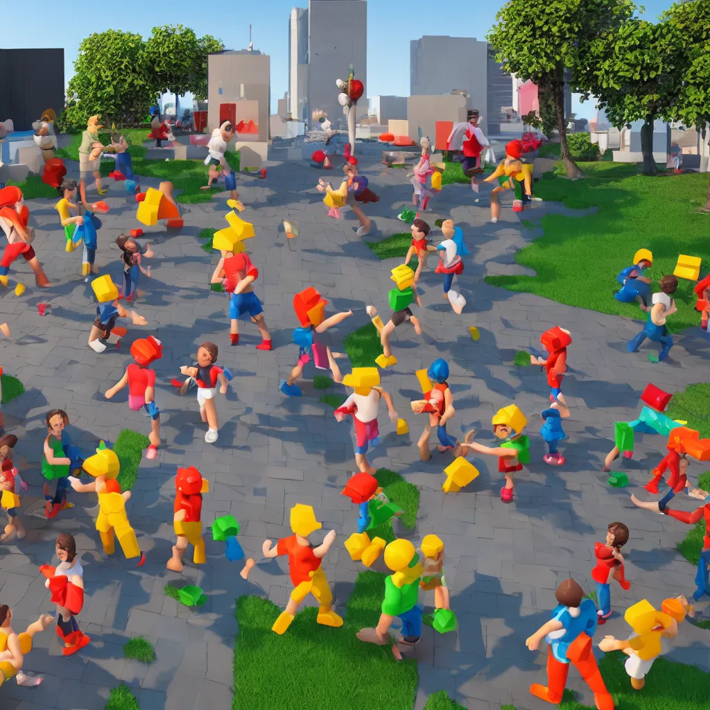 Prompt: highly detailed 3d render of playful kids interacting with roblox figures outside in the sun, box shapes floating all over, bright colors, octane render, insane quality, 8k, 4k, trending, artstation