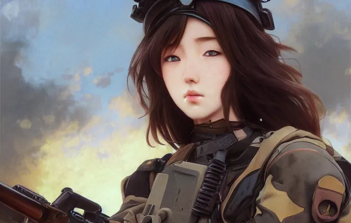 Image similar to infantry girl, anime style, symmetrical facial features long hair, hair down, under heavy fire, explosions, wallpaper, hyper realistic, pale skin, rule of thirds, extreme detail, 4 k, detailed drawing, trending artstation, realistic lighting, trading card, by alphonse mucha, greg rutkowski, sharp focus, backlit, fast helmet