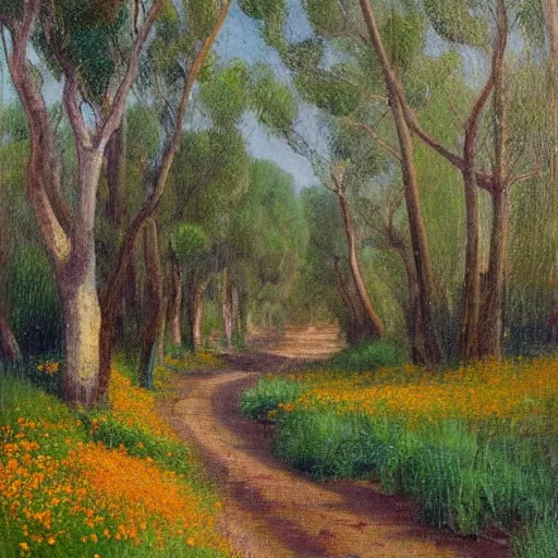 Image similar to a painting of a dirt road surrounded by eucalyptus trees and california golden poppies, woodland hill in the distance. an oil painting by Julian Onderdonk, green orange violet triadic color palette, featured on deviantart, australian tonalism, pre-raphaelite, impressionism, detailed painting
