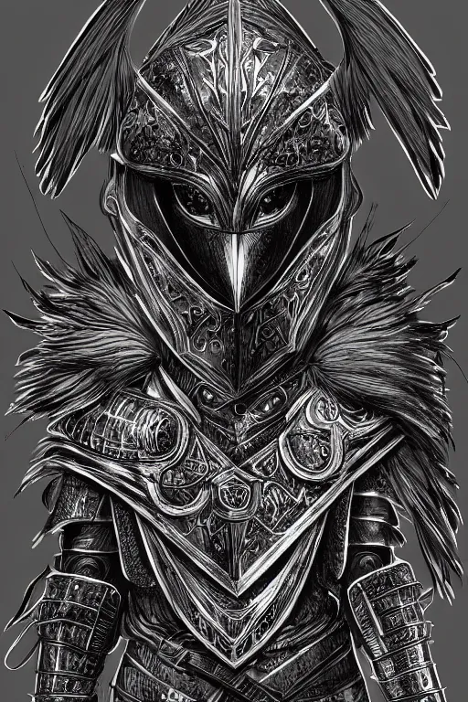 Image similar to armoured human, crow armour, symmetrical, highly detailed, digital art, black feathers, sharp focus, trending on art station, kentaro miura manga art style