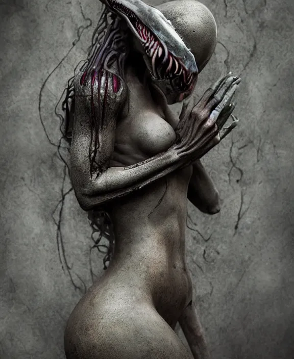 Image similar to xenomorph hugging pale sad beauty merging, dark mist colors, giger background liminal void, digital art, cinematic lighting, realistic, award winning photograph, various refining methods, micro macro autofocus