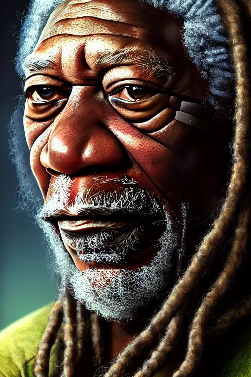 Prompt: a very detailed portrait of a old African man, Morgan Freeman, with dreadlocks, biotech, machine, photorealistic, highly detailed rendering with a cyberpunk style_ robotic arms, dramatic cinematic lighting