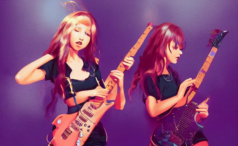 Image similar to rockstar girl playing electric guitar on stage. by amano yoshitaka, digital art, digital painting, illustration, artstation trending