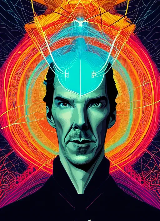 Prompt: symmetry!! stunning portrait of benedict cumberbatch as dr strange, by victo ngai, kilian eng vibrant colors, dynamic lighting, digital art, winning award masterpiece, fantastically beautiful, illustration, aestheticly inspired by beksinski and dan mumford, upscale with simon stalenhag work, artstation, 8 k