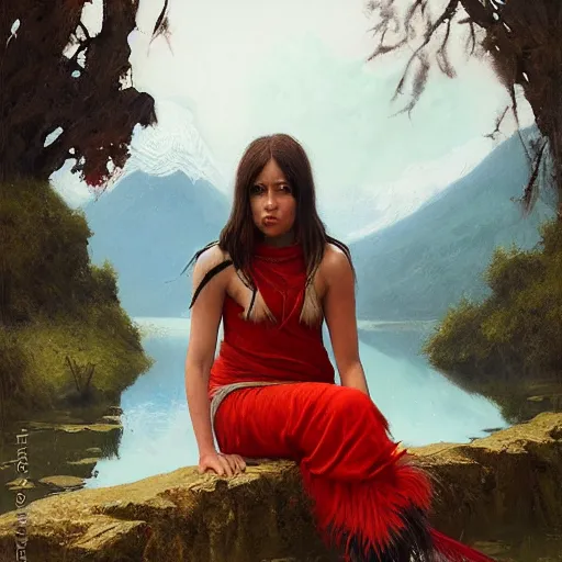 Image similar to Young Harpy-Girl, red feathered wings, wearing Inka clothes, sad expression, sitting at a pond, mountainous area, trees in the background, oil painting, by Greg Rutkowski