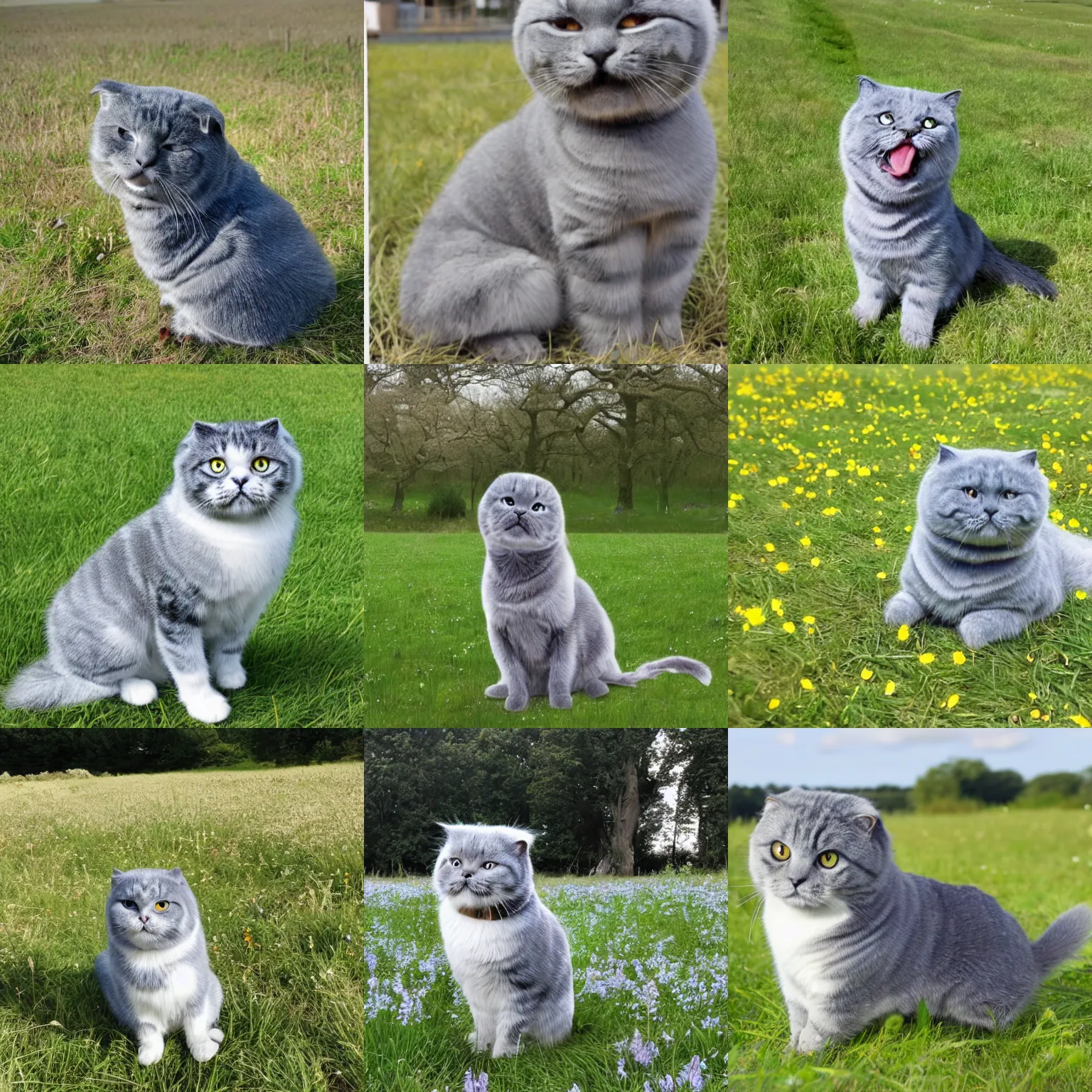 Prompt: a gray scottish fold sitting in the middle of sunny meadow, by akira toriyama