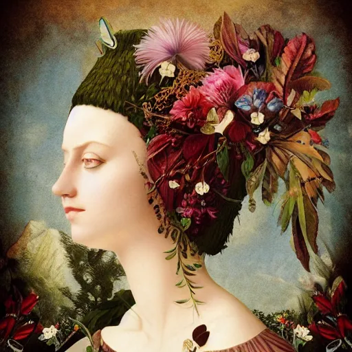 Image similar to a detailed portrait of young woman in renaissance dress and a surreal renaissance headdress, very surreal garden, cyberpunk, surreal tea party, birds, nature, strange creatures, by christian schloe and botticelli, naotto hattori, amy sol, roger dean, moody colors