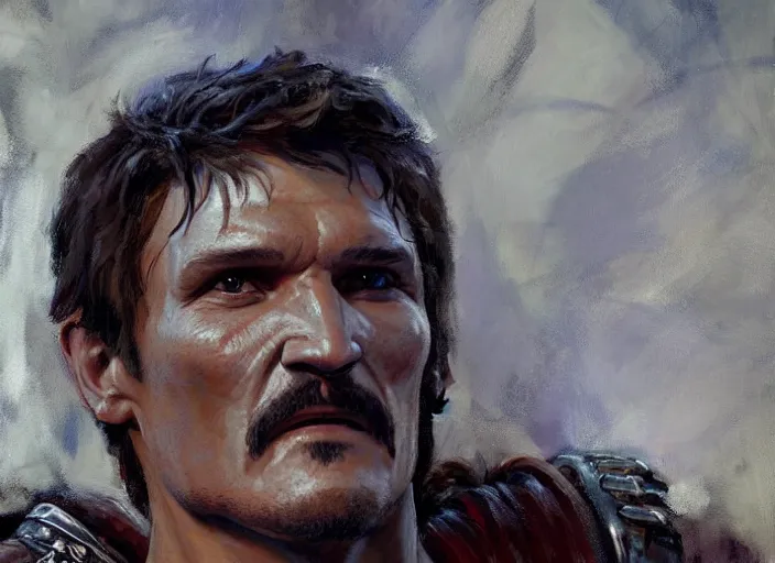 Image similar to a highly detailed beautiful portrait of pedro pascal as kratos, by gregory manchess, james gurney, james jean