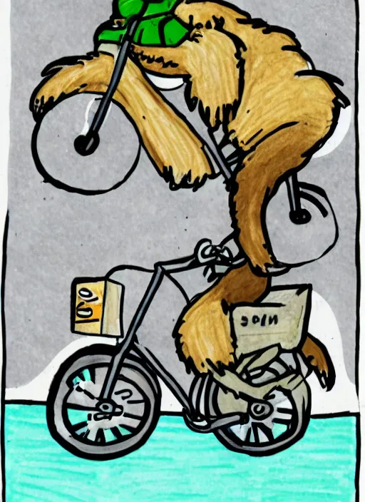 Image similar to drawing of a sloth urban outfitters style riding a bike going to the beach