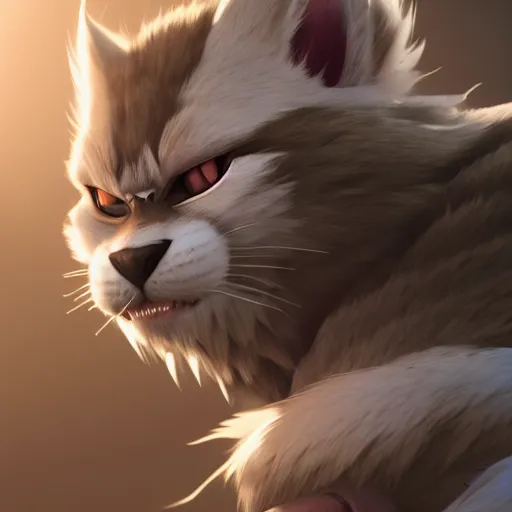 Image similar to rengar from league of legends, cinematic, 4 k, very detailed, beautiful rendering, realistic fur, cgtrader, artstation, global illumination, volumetric lighting, dramatic