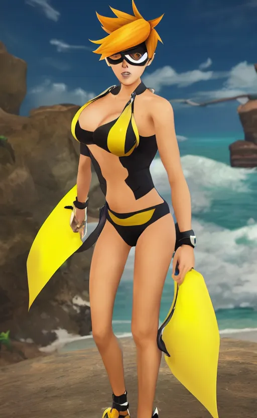 KREA - tracer game character, in yellow bikini, blonde hair, black