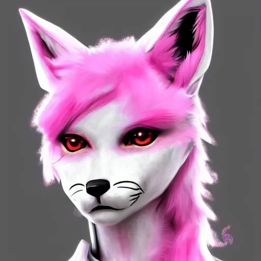 Image similar to digital art artstation, pixiv, portrait of a robotic fox with cybernetic body with pink hair, character fursona furry, furaffinity