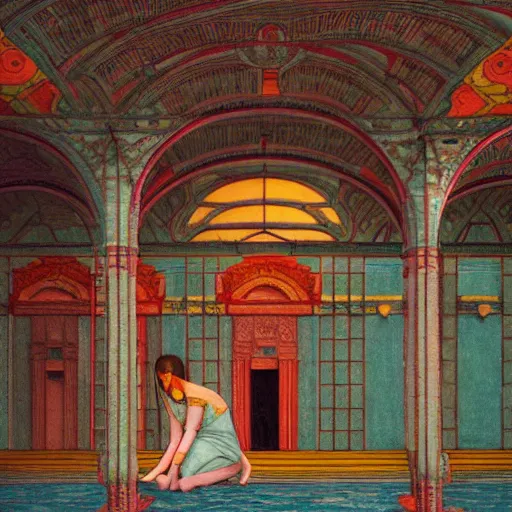 Prompt: a girl lost in a temple, film still by wes anderson, depicted by leon battista alberti, limited color palette, very intricate, art nouveau, highly detailed, lights by hopper, soft pastel colors, minimalist