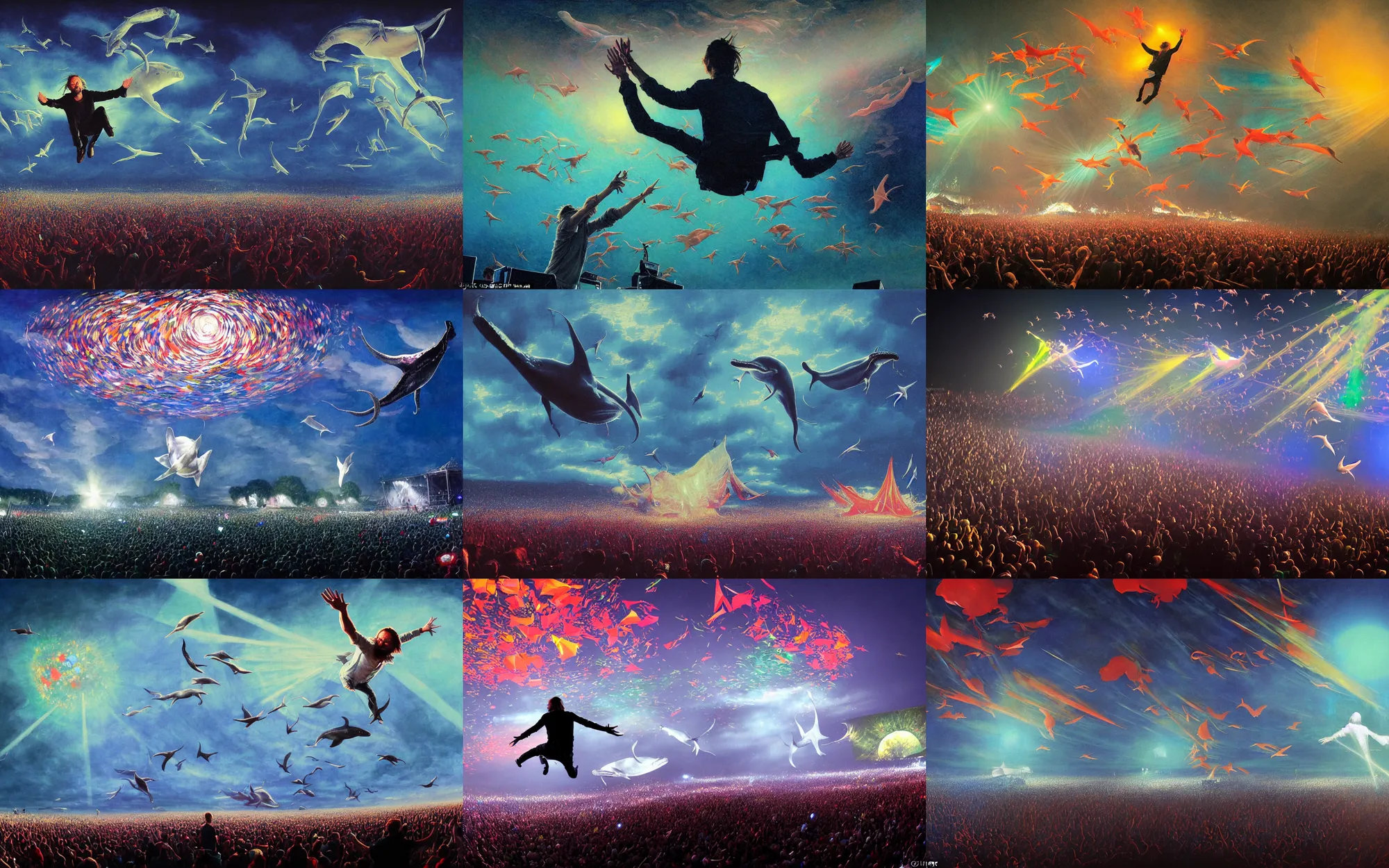 Prompt: thom yorke flying with weird fishes in the air while he plays with radiohead at a festival at sundown, whales, dolphins, mantis and swordfishes, painting by greg rutkowski and thomas kinkade and norman rockwell, low light, volumetric light, audience and crowdsurfing and laser show at a festival in the background, global illumination