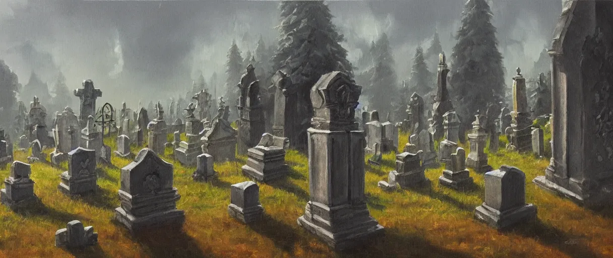 Image similar to dnd environment illustration, oil on canvas : : cemetary with crystal statues