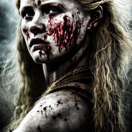 Prompt: Ultrawide realistic photo of a bloody fierce viking woman, leading a battle, battle-scarred mind-blowing details, highly detailed face, ethereal, ominous, scarred, highly detailed, viking attire, cinematic, 16k, 1080s, smooth, sharp focus, by Stanley Artgermm, trending on DeviantArt, trending on ArtStation, full of color, digital art, Vibrant colors, Smooth gradients, High contrast, depth of field, shot on Canon Camera