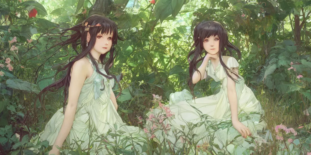 Image similar to a digital art of a loli with long hair in a dress in the privet garden at after noon, green and warm theme, by krenz cushart and mucha and akihito yoshida and greg rutkowski and makoto shinkai, long shot, back lighting, detailed eyes, 4 k resolution, trending on art station