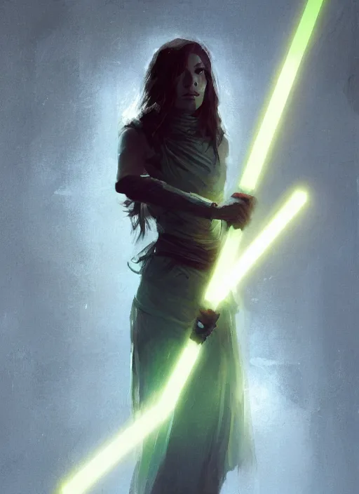 Prompt: female jedi, beautiful face, neon, rule of thirds, intricate outfit, spotlight, by greg rutkowski, by jeremy mann, digital painting