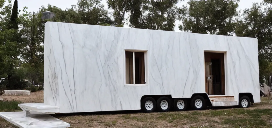 Image similar to greek tiny house on trailer that looks like the parthenon made of marble designed by iktinos and callicrates.