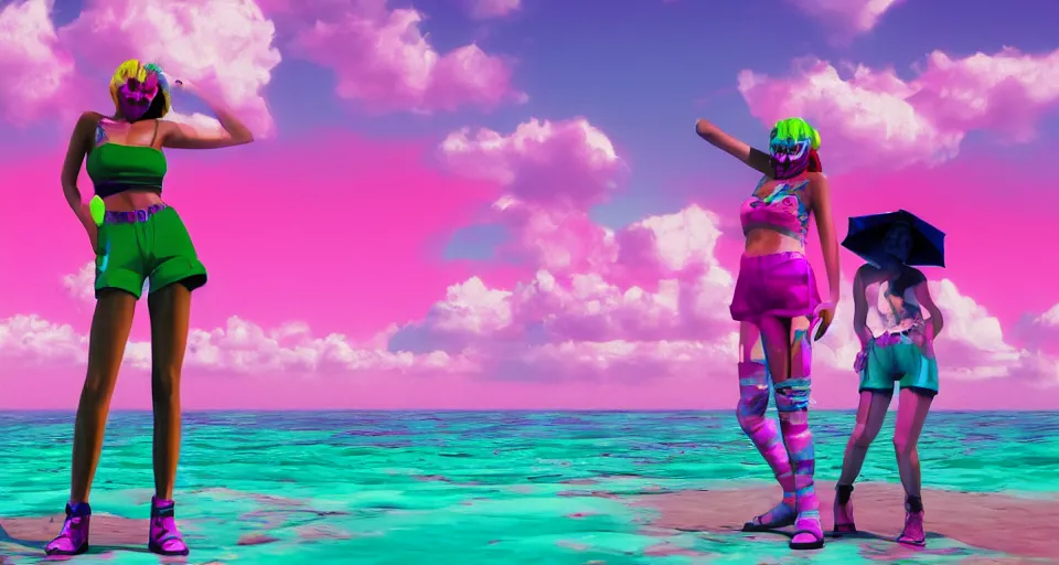 Prompt: vaporwave art of a fashionable zombie girl at a beach, early 90s cg, 3d render, 80s outrun, low poly, from Hotline Miami